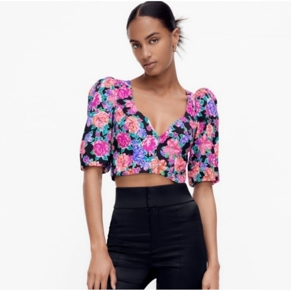 Zara Floral Puff Sleeve V-Neck Crop Top Vibrant Multi-Color Maximalist Size M